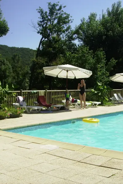 Piscine extérieure ensoleillée entourée de verdure et fleurs