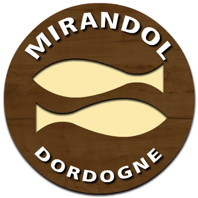 Logo rond Mirandol Dordogne avec deux poissons stylisés